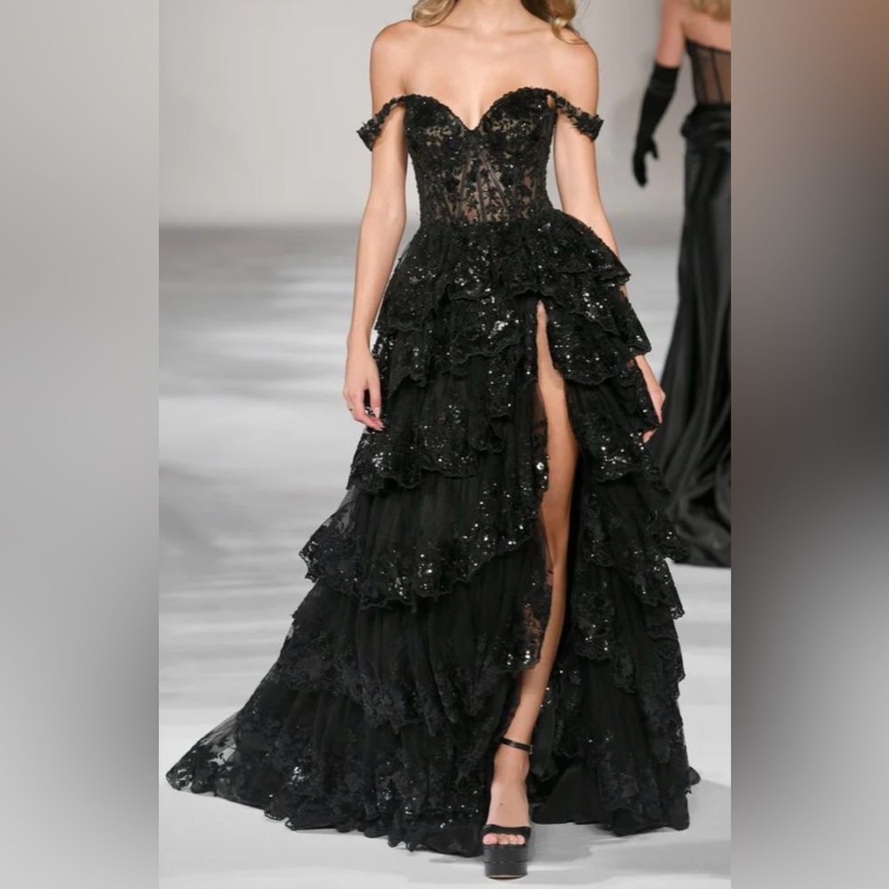 Sherri Hill Black Sequin Tiered Ruffles Prom Dress